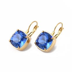 Royal Blue Glass Rectangle Leverback Earrings, Real 14K Gold Plated 304 Stainless Steel Jewelry, Royal Blue, 24x13.5x14mm, Pin: 0.8mm