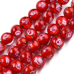 Red Handmade Lampwork Beads Strands, Round with Flower, Red, 9.5mm, Hole: 1.5mm, about 50pcs/strand, 18.90 inch(48cm)