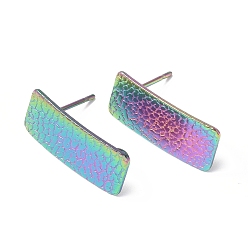 Rainbow Color Ионное покрытие (ip) 304 серьги-гвоздики из нержавеющей стали, с вертикальными петлями, личи текстурированный прямоугольник, Радуга цветов, 20x8 мм, отверстие : 2.5 мм, штифты : 0.8 мм