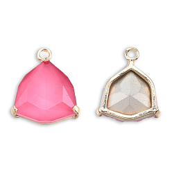 Hot Pink K9 Glass Pendants, with Light Gold Plated Brass Findings, Cadmium Free & Lead Free, Faceted, Triangle, Hot Pink, 22x18.5x6mm, Hole: 2mm