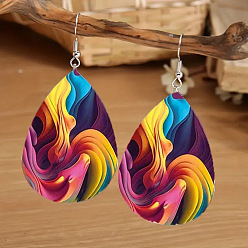 Colorful Iron & Imitation Leather Dangle Earrings, Teardrop, Colorful, 58x39mm