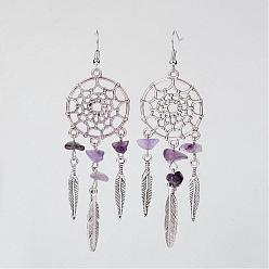 Amethyst Natural Amethyst Dangle Earrings, with Metal Findings, Woven Net/Web with Feather Earrings, 95mm, Pin, 0.6mm