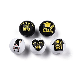 Others Senior Year Theme Printed Wooden Beads, Round, Black, Graduation Theme Pattern, 15.5~16x15mm, Hole: 3.5mm