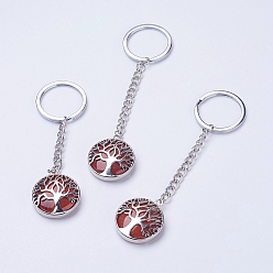 Red Jasper Natural Red Jasper Keychain, with Iron Key Rings, Iron Chain and Brass Finding, Flat Round with Tree of Life, 100~120mm, Pendant: 31x27x7mm