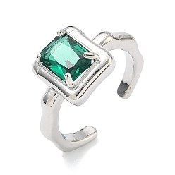 Зеленый Латунная манжета с открытыми кольцами из кубического циркония/стекла, прямоугольные, без кадмия и без свинца, долговечный, стойки покрытие, платина, зелёные, 11.5 мм, размер США 7 1/4 (17.5 мм)