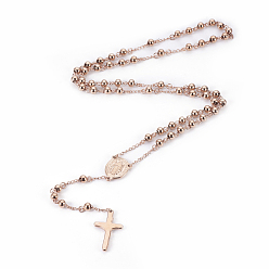 Rose Gold 304 Stainless Steel Rosary Bead Necklaces, Oval with Virgin Mary, Crucifix Cross, For Easter, Rose Gold, 26.4 inch(67cm)