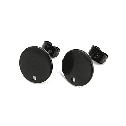 Черный Ионное покрытие (ip) 304 детали серьги-гвоздики из нержавеющей стали, с петлей и плоской пластиной, плоско-круглые, чёрные, 12x1 мм, отверстие : 2 мм, штифты : 0.8 мм