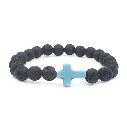 Blue Cross Colorful Lava Stone Beaded Bracelet with Cross Pendant Jewelry