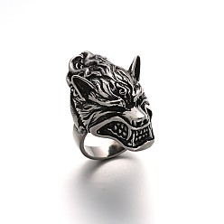 Antique Silver Wolf Personalized Retro Men's 304 Stainless Steel Finger Rings, Antique Silver, 17~23mm