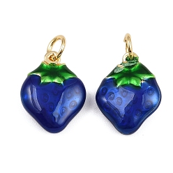 Синий Кулоны с фруктами из латуни с эмалью, клубника прелести, с прыжковых колец, золотые, стойки покрытие, без кадмия и без свинца, долговечный, синие, 15.5x12x4.5 мм, отверстие : 3 мм