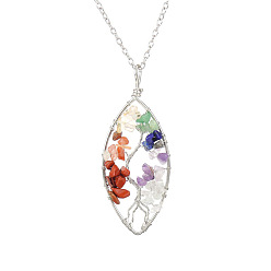 Mixed Stone Natural Mixed Stone Chips Beaded Horse Eye with Tree Pendant Necklaces, with Platinum Brass Chains, 20.08 inch(51cm)