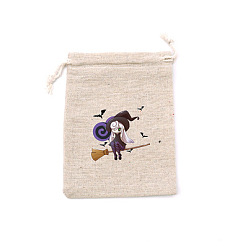 Witch Rectangle Jute Packing Pouches, Halloween Printed Drawstring Bags, Witch, 14x10cm
