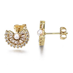 Real 16K Gold Plated Brass Micro Pave Cubic Zirconia Stud Earrings, with ABS Plastic Imitation Pearl and Ear Nuts, Nickel Free, Fan, Creamy White, Real 16K Gold Plated, 10x13.5mm, Pin: 0.8mm