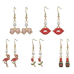 Mixed Shapes Alloy Enamel & Polymer Clay Rhinestone Beaded Dangle Earrings, Valentine's Day Theme Drop Earrings with 304 Stainless Steel Pins, Mixed Shapes, 38~53x7~18mm