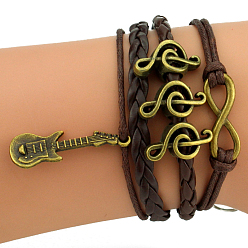 Antique Bronze PU Leather Braided Multi-strand Bracelet, Musical Note & Guitar & Infinity Alloy Charms Bracelet for Men Women, Antique Bronze
