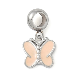 Платина 304 подвесные европейские подвески из нержавеющей стали, Подвески с большими отверстиями, с розовым эмали, бабочка, платина, 21 мм, отверстие : 4.5 мм, Кулон : 12x12x3 мм