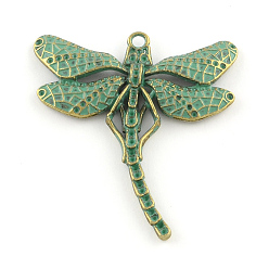 Antique Bronze & Green Patina Dragonfly Zinc Alloy Big Pendant Rhinestone Settings, Cadmium Free & Nickel Free & Lead Free, Antique Bronze & Green Patina, 55x50x3mm, Hole: 3mm, Fit for 0.5~1.5mm Rhinestone
