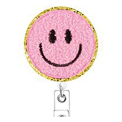 Pink Smiling Face Wool Chenille Clip-On Retractable Badge Holders, Badge Reels, Alloy Alligator Clip Tag Card Holders, Pink, 50mm