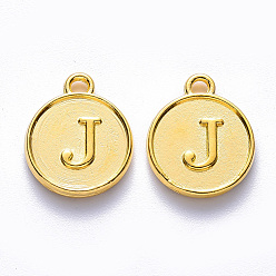 Letter J Alloy Pendant Cabochon Settings, For Enamel, Cadmium Free & Lead Free, Flat Round with Letter, Light Gold, Letter.J, 14x12x2mm, Hole: 1.5mm