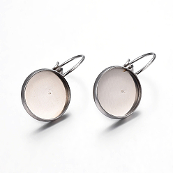 Stainless Steel Color 304 Stainless Steel Leverback Earring Settings, Flat Round, Stainless Steel Color, Tray: 12mm, 21~25x14x11~14mm, Pin: 0.7mm