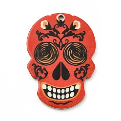Orange Red Printed 201 Stainless Steel Sugar Skull Pendants, Cinco de Mayo Charm, Orange Red, 40.5x28x2mm, Hole: 2mm