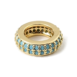 Sky Blue Brass Micro Pave Cubic Zirconia Beads, Flat Round, Large Hole Beads, Rack Plating, Long-Lasting Plated, Lead Free & Cadmium Free, Real 18K Gold Plated, Sky Blue, 12.5x3.8mm, Hole: 7.5mm