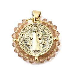 Персиковый Слойка Латунь стекло кулоны, плоский круглый с амулетом в виде святого и креста, долговечный, без кадмия и без свинца, реальный 18 k позолоченный, граненые, розовые, 21x20.5~21x3 мм, отверстие : 5x3.5 мм