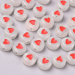 Red Luminous Acrylic Beads, Glow in the Dark, Flat Round with Heart, Red, 7x3.5mm, Hole: 1.8mm, about 3700pcs/500g