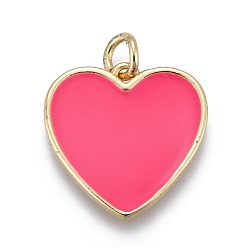 Hot Pink Brass Enamel Pendants, with Jump Rings, Long-Lasting Plated, Real 18K Gold Plated, Heart, Hot Pink, 17x17x2mm, Jump Rings: 5x1mm, Inner Diameter: 3mm