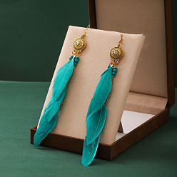 Light Sea Green Feather Tassel Dangle Earrings, Bohemia Style Long Drop Earrings for Women, Light Sea Green, 60x17mm