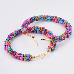 Mixed Color 304 Stainless Steel Hoop Earrings, Beaded Hoop Earrings, with Glass Seed Beads, Golden, Colorful, 66x70x8mm, Pin: 0.7x1mm