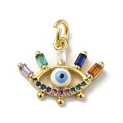 Colorful Brass Micro Pave Cubic Zirconia Pendants, with Enamel and Glass, with Jump Ring, Real 18K Gold Plated, Evil Eye, Colorful, 13x15.5x3.5mm, Hole: 3.2mm