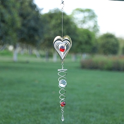Heart Stainless Steel Wind Spinners, with Glass Bead, for Outside Yard and Garden Decoration, Heart, 600mm