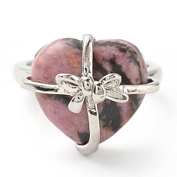 Rhodochrosite Natural Rhodochrosite Heart with Bowknot Adjustable Ring, Platinum Plated Brass Jewelry for Women, Cadmium Free & Lead Free, Inner Diameter: 16.7~21.2mm