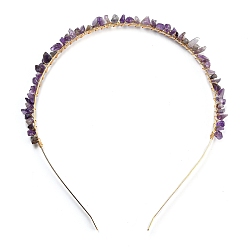 Amethyst Brass Wire Wrapped Natural Amethyst Chip Hair Bands, with 304 Stainless Steel Hair Hoop, Hair Accessories for Women Girls, 140~152x125~135x6~10mm, Inner Diameter: 120mm