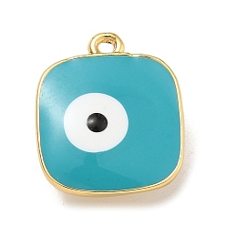 Темно-бирюзовый Подвески из латуни с покрытием из эмали, долговечный, без свинца и без кадмия, реальный 18 k позолоченный, квадрат с рисунком от сглаза, темные бирюзовый, 14x11.5x6 мм, отверстие : 1.2 мм