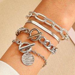 Platinum 4Pcs 4 Style Alloy Chain Bracelets Set, Stackable Bracelets with Charms for Women, Platinum, 7-7/8~8-1/4 inch(20~21cm), 1Pc/style
