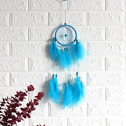 Deep Sky Blue Polyester Woven Web/Net with Feather Wind Chime Pendant Decorations, with ABS Ring, Wood Bead, for Garden, Wedding, Lighting Ornament, Deep Sky Blue, 110mm