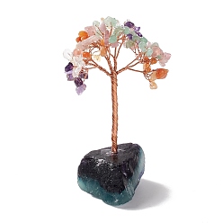Mixed Stone Natural Gemstone Tree Display Decoration, Reiki Spiritual Energy Tree, Raw Fluorite Base Feng Shui Ornament for Wealth, Luck, Rose Gold Brass Wires Wrapped, 45~66x76~82x125~133mm