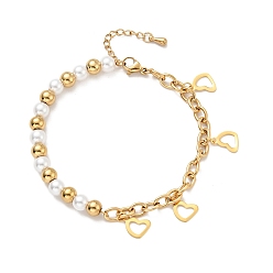 Golden 201 Stainless Steel Heart Charm Bracelet, Plastic Pearl Beaded Bracelet with Vacuum Plating 304 Stainless Steel Cable Chains for Women, Golden, 7-1/2 inch(19cm)