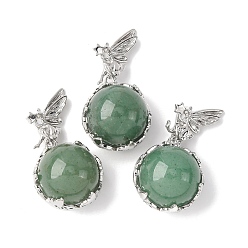 Зеленый Авантюрин Круглые подвески из натурального зеленого авантюрина, латунный ангел бабочка обернутый шарик драгоценные камни подвески, платина, стойки покрытие, 30.5x16.5x14 мм, отверстие : 5.5x2.5 мм