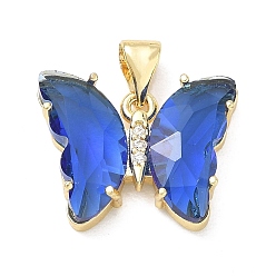 Royal Blue Brass Micro Pave Clear Cubic Zirconia Pendants, with Glass, Butterfly Charms, Lead Free & Cadmium Free, Long-Lasting Plated, Rack Plating, Real 18K Gold Plated, Royal Blue, 15x19x5mm, Hole: 5x3.5mm