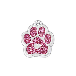 Pink Enamel Pendants, with Platinum Plated Alloy Findings and Glitter Powder, Dog Paw Prints with Heart, Pink, 18.8x16.5x2.2mm, Hole: 1.5mm