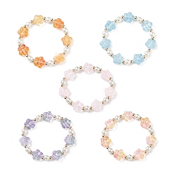Mixed Color 5Pcs 5 Color Glass Plum Blossom & Imitation Pearl Beaded Stretch Bracelets Set, Stackable Bracelets for Girls, Mixed Color, Inner Diameter: 1-7/8 inch(4.7cm), 1Pc/color
