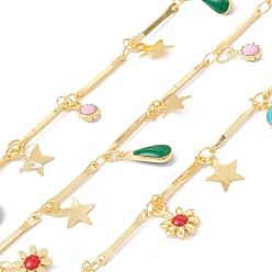 Colorful Handmade Eco-friendly Brass Bar Link Chain, with Enamel Flower & Teardrop & Ring & Star Charms, Real 18K Gold Plated, Lead Free & Cadmium Free, Soldered, with Spool, Colorful, 13.5x1x1mm