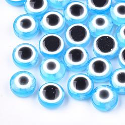 Light Sky Blue Resin Beads, Flat Round, Evil Eye, Light Sky Blue, 7.5~8x5~6mm, Hole: 1.8~2mm