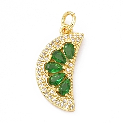 Green Rack Plating Brass Micro Pave Cubic Zirconia Pendants, with Jump Ring, Cadmium Free & Lead Free, Long-Lasting Plated, Golden, Moon, Green, 25x12x3.5mm, Hole: 3.5mm, Jump Ring: 6x1mm, 3.5mm Inner Diameter