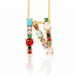 Letter N Golden Brass Micro Pave Cubic Zirconia Initial Pendants Necklaces, with Cable Chains, Colorful, Letter, Letter.N, 17.9~18.1 inch(45.5~46cm)x1.5mm, LetterN: 20x15x6mm