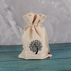 Tree Printed Rectangle Cotton Storage Bags, Drawstring Pouches Packaging Bag, Tree, 23x15cm