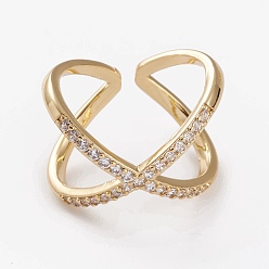 Clear Brass Micro Pave Cubic Zirconia Cuff Rings, Open Rings, Criss Cross Rings, Double Rings, X Rings, Long-Lasting Plated, Golden, Clear, US Size 7 1/4(17.5mm)